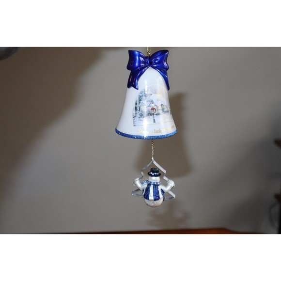 Glued* Lot Thomas Kinkade Ringing in Holiday Christmas Bell Ornaments W/ Snowmen - Picture 12 of 13